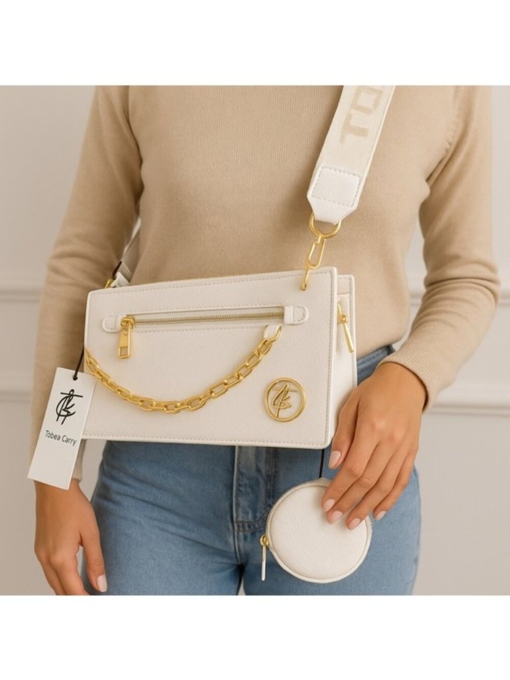 NWT Tote & Carry Cream Gold Tone Hardware Bodega Sling Crossbody Bag + Dust Bag